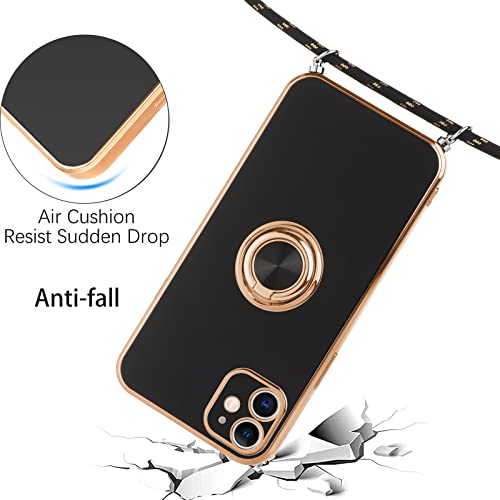 Vauki Funda para iPhone 11 con Cuerda,Carcasa con 360 Grados Soporte de Ring Anillo,Suave Silicona Case con Collar Cordón Correa de Cuello Colgante,Protección Cover para iPhone 11 6.1",Negro