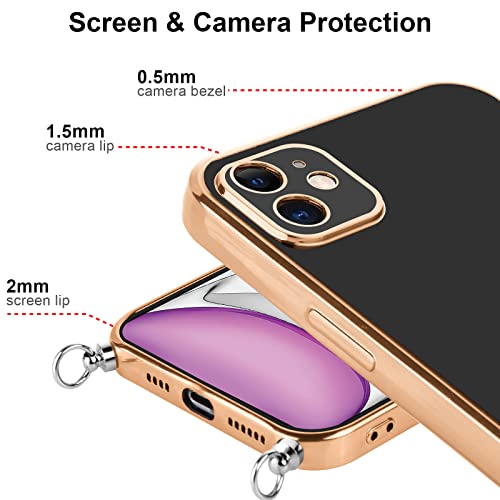 Vauki Funda para iPhone 11 con Cuerda,Carcasa con 360 Grados Soporte de Ring Anillo,Suave Silicona Case con Collar Cordón Correa de Cuello Colgante,Protección Cover para iPhone 11 6.1",Negro