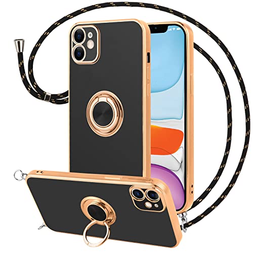 Vauki Funda para iPhone 11 con Cuerda,Carcasa con 360 Grados Soporte de Ring Anillo,Suave Silicona Case con Collar Cordón Correa de Cuello Colgante,Protección Cover para iPhone 11 6.1",Negro