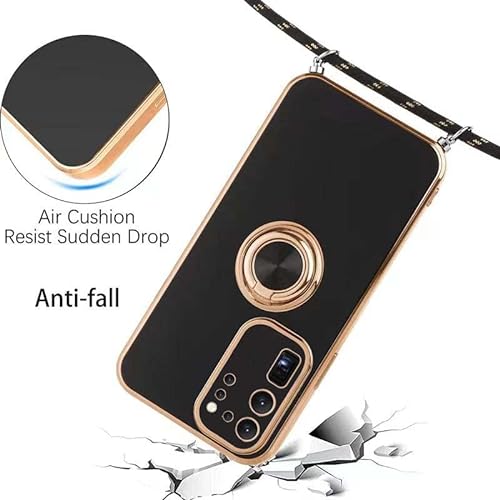 Vauki Funda para Samsung Galaxy S20 Ultra 5G con Cuerda,Carcasa con 360 Grados Soporte de Ring Anillo,Suave Silicona Case con Collar Cordón Correa de Cuello Colgante,Protección Cover,Negro