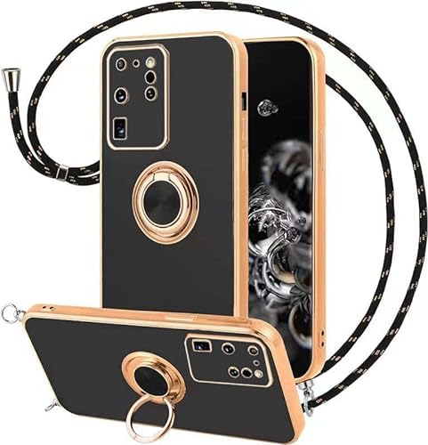 Vauki Funda para Samsung Galaxy S20 Ultra 5G con Cuerda,Carcasa con 360 Grados Soporte de Ring Anillo,Suave Silicona Case con Collar Cordón Correa de Cuello Colgante,Protección Cover,Negro