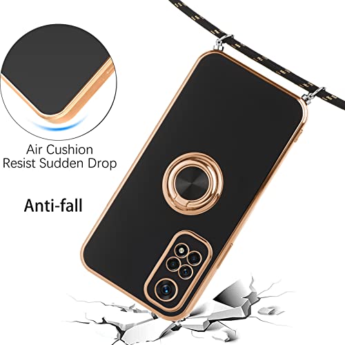 Vauki Funda para Xiaomi Redmi Note 11/Note 11S con Cuerda,Carcasa con 360 Grados Soporte de Ring Anillo,Suave Silicona Case con Collar Cordón Correa de Cuello Colgante,Protección Cover,Negro