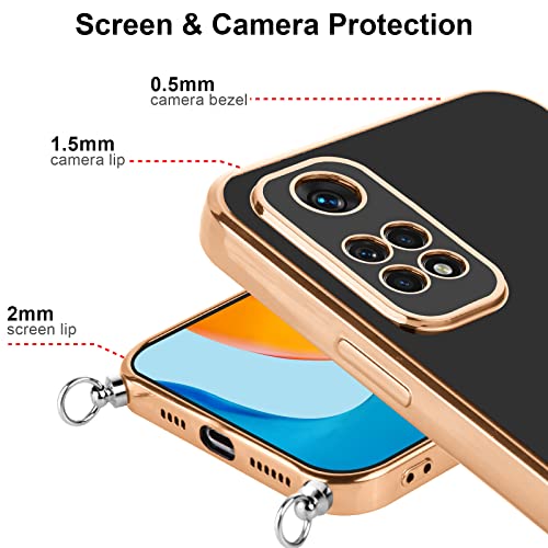 Vauki Funda para Xiaomi Redmi Note 11/Note 11S con Cuerda,Carcasa con 360 Grados Soporte de Ring Anillo,Suave Silicona Case con Collar Cordón Correa de Cuello Colgante,Protección Cover,Negro