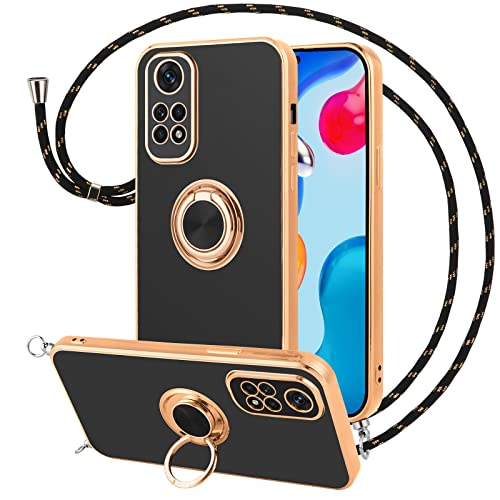 Vauki Funda para Xiaomi Redmi Note 11/Note 11S con Cuerda,Carcasa con 360 Grados Soporte de Ring Anillo,Suave Silicona Case con Collar Cordón Correa de Cuello Colgante,Protección Cover,Negro