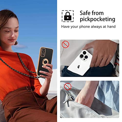 Vauki Funda para Xiaomi Redmi Note 11/Note 11S con Cuerda,Carcasa con 360 Grados Soporte de Ring Anillo,Suave Silicona Case con Collar Cordón Correa de Cuello Colgante,Protección Cover,Negro