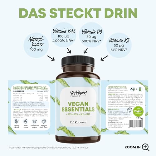 Vegan Essentials (120 cápsulas en dosis alta), suministro básico vegano de vitaminas B12, D3 + K2 y Omega 3 para veganos y vegetarianos - Suplementos veganos - Vitaminas vegetarianas - Multivitaminas