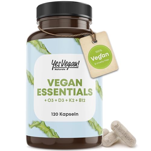 Vegan Essentials (120 cápsulas en dosis alta), suministro básico vegano de vitaminas B12, D3 + K2 y Omega 3 para veganos y vegetarianos - Suplementos veganos - Vitaminas vegetarianas - Multivitaminas