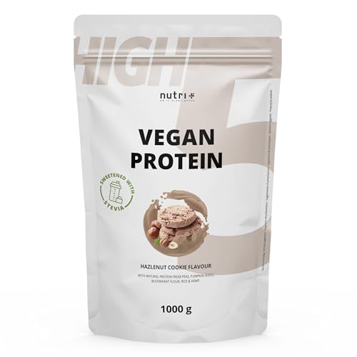 Vegan Protein - Bizcocho de avellanas - Proteína vegana en polvo sin sucralosa ni soja - Proteína de arroz, guisantes, cáñamo, trigo sarraceno y semillas de calabaza - 1kg