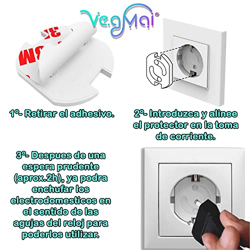 VegMai®[20 Unidades] Protector Enchufes Seguridad Infantil Con Mecanismo De Giro Y Adhesivo 3M Ideal Para Bebes Niños Y Pequeños En El Hogar. Schuko Europeo Tapas Color (BLANCO)