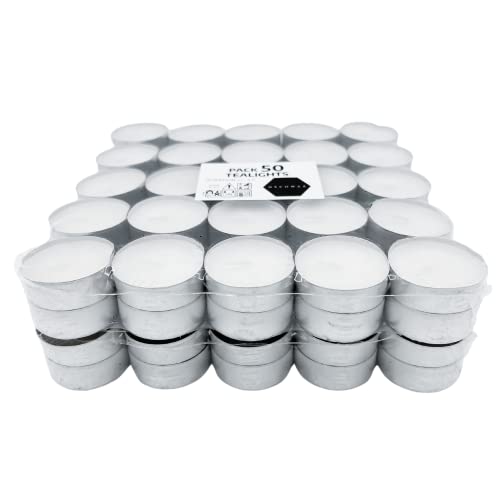 Velas De Té Blancas Sin Perfume. Vela Decoración Hogar Paquete De 50 Unidades. Vela Blanca De Cera Duración De 4 Horas, Velas Decorativas Para Eventos. Tea Lights Candle Pack (PACK 50)