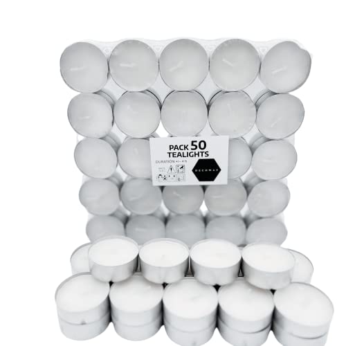 Velas De Té Blancas Sin Perfume. Vela Decoración Hogar Paquete De 50 Unidades. Vela Blanca De Cera Duración De 4 Horas, Velas Decorativas Para Eventos. Tea Lights Candle Pack (PACK 50)