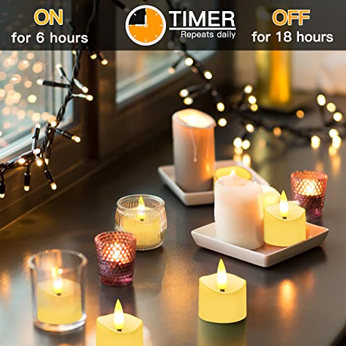 Velas LED Sin Fuego velas de té, velas sin llama LED que parpadeantes luz amarillas cálida para hogar festivales decoración, bodas y fiestas (12 piezas con temporizador y llama 3D)