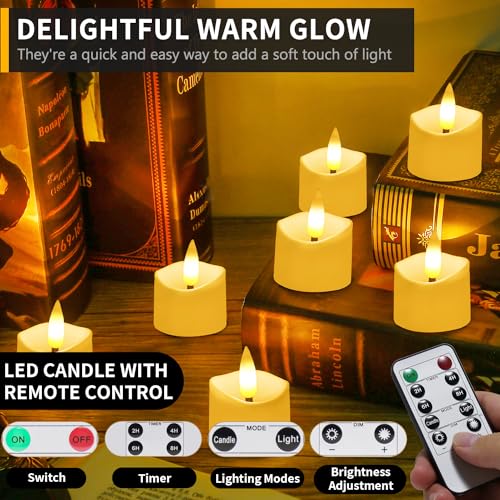 Velas LED Sin Fuego velas de té, velas sin llama LED que parpadeantes luz amarillas cálida para hogar festivales decoración, bodas y fiestas (12 piezas con temporizador y llama 3D)