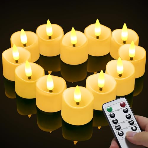 Velas LED Sin Fuego velas de té, velas sin llama LED que parpadeantes luz amarillas cálida para hogar festivales decoración, bodas y fiestas (12 piezas con temporizador y llama 3D)