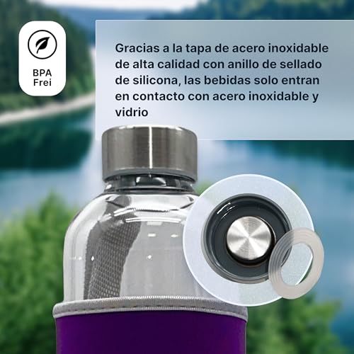 Velesas Botella 1l | 500ml con funda protectora | Botella de cristal de 1l de neopreno y tapa de acero inoxidable | Botella de agua para la escuela, las actividades deportivas, sin BPA | Violeta