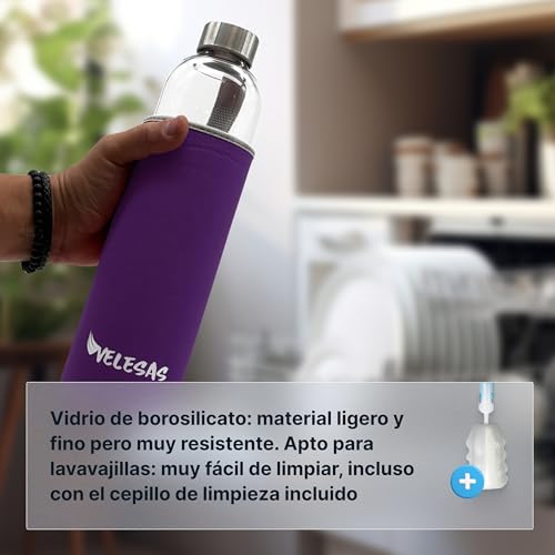 Velesas Botella 1l | 500ml con funda protectora | Botella de cristal de 1l de neopreno y tapa de acero inoxidable | Botella de agua para la escuela, las actividades deportivas, sin BPA | Violeta