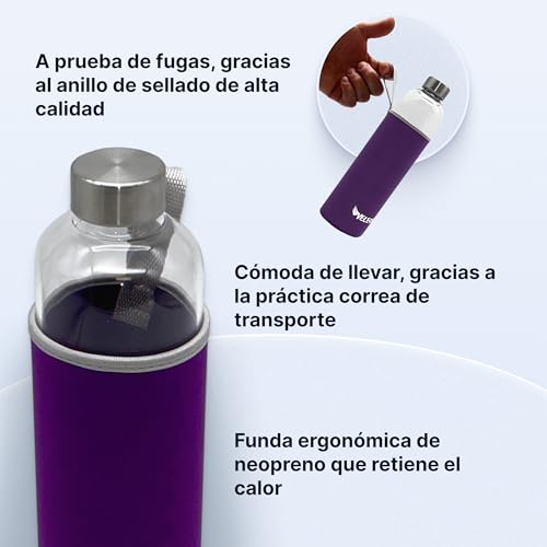 Velesas Botella 1l | 500ml con funda protectora | Botella de cristal de 1l de neopreno y tapa de acero inoxidable | Botella de agua para la escuela, las actividades deportivas, sin BPA | Violeta