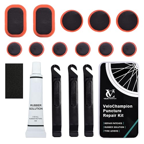 VeloChampion Glue Kit de reparación de pinchazos de neumáticos de bicicleta con solución de goma y estuche de almacenamiento para todas las bicicletas; Bicicletas de Carretera, Montaña, Cercanías. 11 parches de reparación. 3 palancas de neumáticos