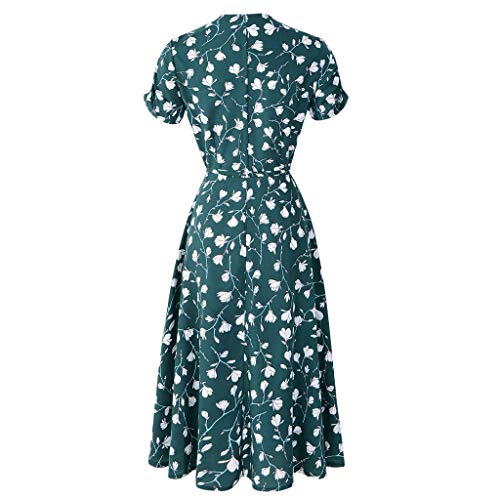 VEMOW Vestido Mujer Fiesta con Estampado Floral Festivo con Cuello en V para Mujer Vestido de Fiesta de Manga Corta(Verde,2XL)