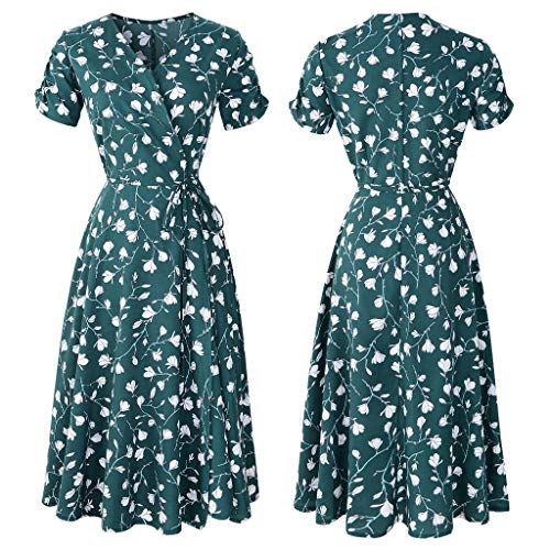 VEMOW Vestido Mujer Fiesta con Estampado Floral Festivo con Cuello en V para Mujer Vestido de Fiesta de Manga Corta(Verde,2XL)