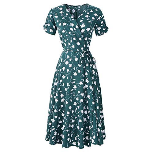 VEMOW Vestido Mujer Fiesta con Estampado Floral Festivo con Cuello en V para Mujer Vestido de Fiesta de Manga Corta(Verde,2XL)