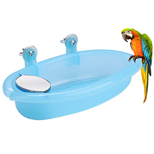 【Venta del día de la madre】Pangding Bird Bathing Box, Linda bañera con Jaula de Espejo, Accesorio de Juguete Azul para Loros Mascotas