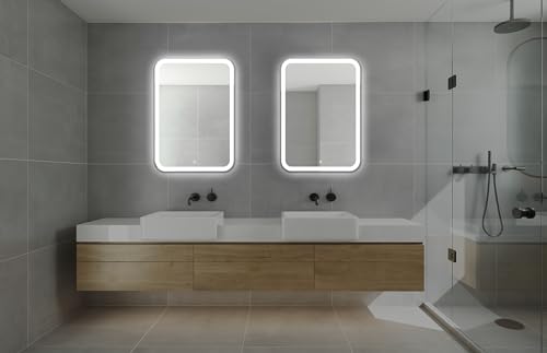 Venti 50x70cm Espejo de Baño Vertical con Luces LED, Espejo de Baño Iluminado con Interruptor Táctil, Esquinas Redondeadas, Espejo de Baño Rectangular LED con Luz LED Frontal en blanco natural.