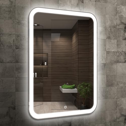 Venti 50x70cm Espejo de Baño Vertical con Luces LED, Espejo de Baño Iluminado con Interruptor Táctil, Esquinas Redondeadas, Espejo de Baño Rectangular LED con Luz LED Frontal en blanco natural.