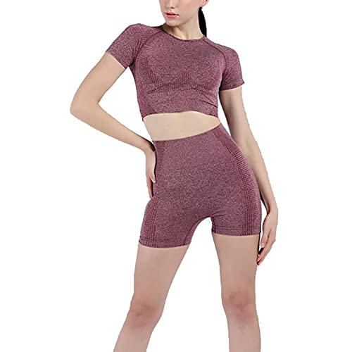 Veriliss 2 Pcs Conjunto De Yoga Sin Costuras Traje Deportivo Para Mujer Ropa De Entrenamiento Conjuntos De Gimnasio Top Atlético De Manga Corta Pantalones Cortos De Yoga Ropa Deportiva