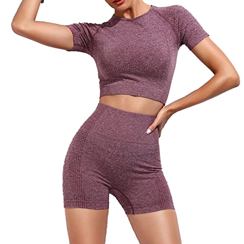 Veriliss 2 Pcs Conjunto De Yoga Sin Costuras Traje Deportivo Para Mujer Ropa De Entrenamiento Conjuntos De Gimnasio Top Atlético De Manga Corta Pantalones Cortos De Yoga Ropa Deportiva