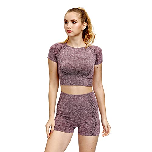 Veriliss 2 Pcs Conjunto De Yoga Sin Costuras Traje Deportivo Para Mujer Ropa De Entrenamiento Conjuntos De Gimnasio Top Atlético De Manga Corta Pantalones Cortos De Yoga Ropa Deportiva