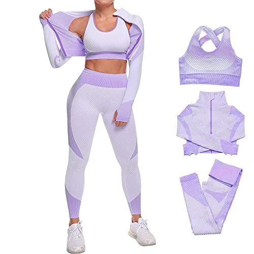 Veriliss 3 Piezas Mujer Yoga Traje Entrenamiento Para, Gym Mallas de Yoga Sin Costuras y Sujetador Deportivo Elástico Ropa de Gimnasio