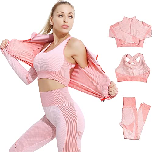 Veriliss 3 Piezas Mujer Yoga Traje Entrenamiento Para, Gym Mallas de Yoga Sin Costuras y Sujetador Deportivo Elástico Ropa de Gimnasio