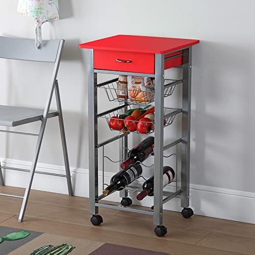 Versa Leicester Carro de cocina con ruedas, cajones y botellero, Verdulero con despensa y organizadores, Almacenaje de cocina, Medidas (Al x L x An) 82 x 40 x 40 cm, Madera y Metal, Color Rojo