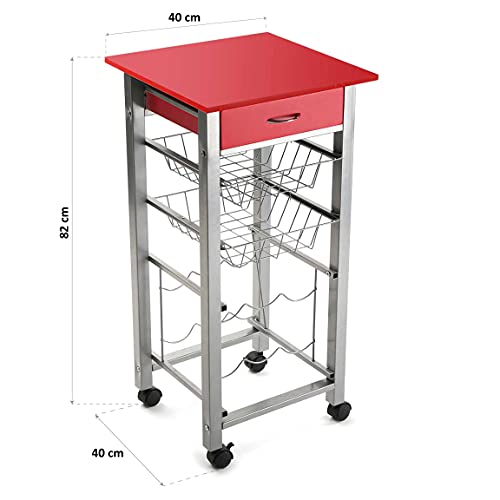 Versa Leicester Carro de cocina con ruedas, cajones y botellero, Verdulero con despensa y organizadores, Almacenaje de cocina, Medidas (Al x L x An) 82 x 40 x 40 cm, Madera y Metal, Color Rojo