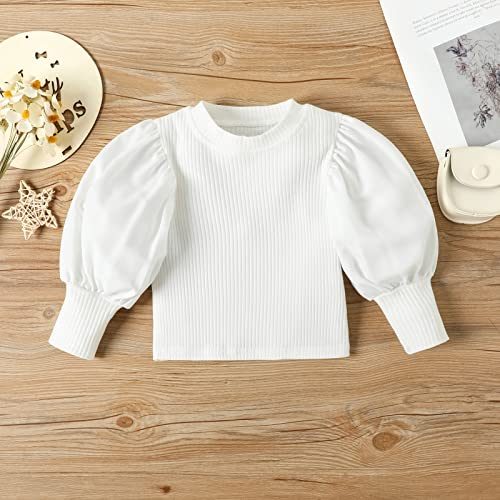 Verve Jelly Camisa de punto para niñas pequeñas, Tops con mangas abullonadas y volantes, pantalones de cuero para niños, conjunto de ropa de Otoño Invierno de 2 uds, blanco 110 3-4 años