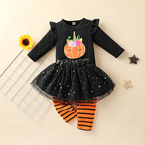 Verve Jelly Niños bebés Niñas Traje de Halloween Manga larga Calabaza Volantes Top Legging Pantalones Conjunto de ropa Falda de tutú 3PCS Conjunto Negro A 90 12-18 meses