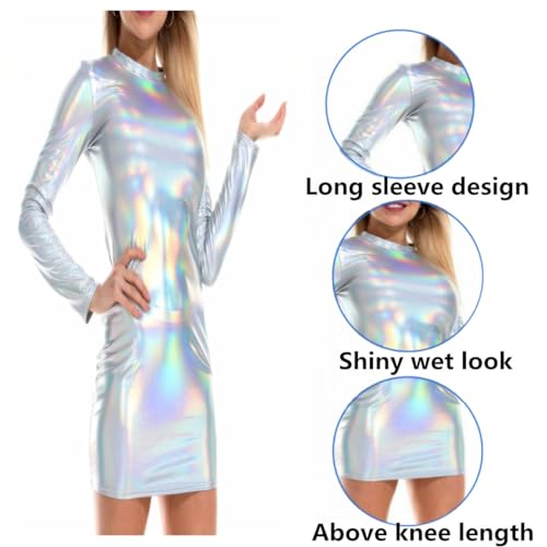 Vestido Brillante de Manga Larga para Mujer, Mini Vestido Ajustado de Cuero elástico, Falda de Cadera de Club con Cuello Redondo y Aspecto Mojado metálico Sexy, Mini Vestidos de lápiz Ajustados