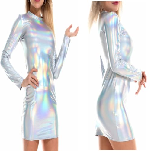 Vestido Brillante de Manga Larga para Mujer, Mini Vestido Ajustado de Cuero elástico, Falda de Cadera de Club con Cuello Redondo y Aspecto Mojado metálico Sexy, Mini Vestidos de lápiz Ajustados