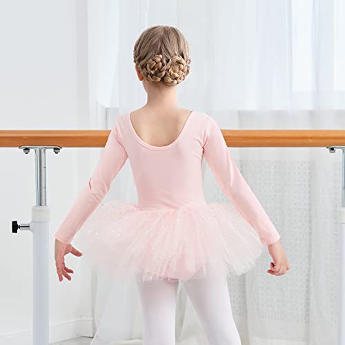 Vestido de ballet de manga larga para niña, vestido de ballet, con falda de algodón, vestido de ballet, tutú, vestido de danza, Rosa., 130 cm