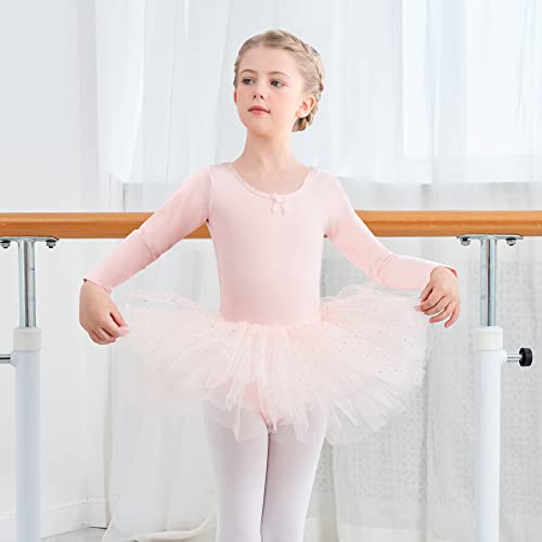 Vestido de ballet de manga larga para niña, vestido de ballet, con falda de algodón, vestido de ballet, tutú, vestido de danza, Rosa., 130 cm