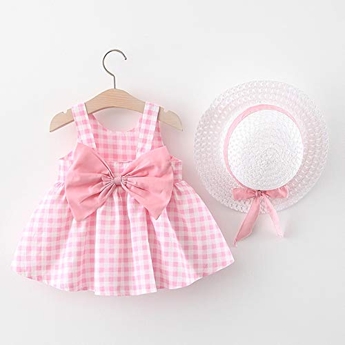 Vestido de Verano para niña Elegante Imprimiendo Arco sin Mangas Vestido De Princesa Vestidos Playa + Sombrero de Sol con Lazo Conjunto (Moño Rosa, 2-3 Años)