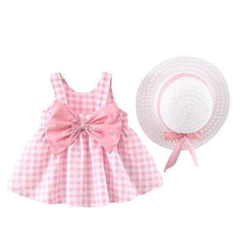 Vestido de Verano para niña Elegante Imprimiendo Arco sin Mangas Vestido De Princesa Vestidos Playa + Sombrero de Sol con Lazo Conjunto (Moño Rosa, 2-3 Años)