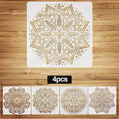 VETPW 4 Piezas Grande Plantillas de Dibujo DIY Plantillas de Mandala, Plantillas de Pintura Reutilizables, Set de Plantillas para Suelos, Ventana, Muebles, Madera, Diseño de Paredes, 30x30CM