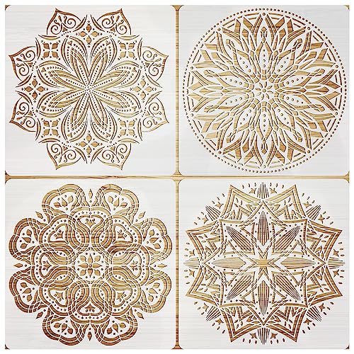 VETPW 4 Piezas Grande Plantillas de Dibujo DIY Plantillas de Mandala, Plantillas de Pintura Reutilizables, Set de Plantillas para Suelos, Ventana, Muebles, Madera, Diseño de Paredes, 30x30CM