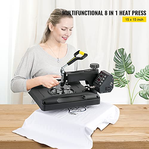 VEVOR Prensa de Calor 8 en 1 Placa 38 x 38 cm Máquina de Prensa de Calor Negra 1000 W Giratoria de 360 Grados Pantalla Digital Prensa de Transferencia para Camiseta Taza Sombrero Tapa