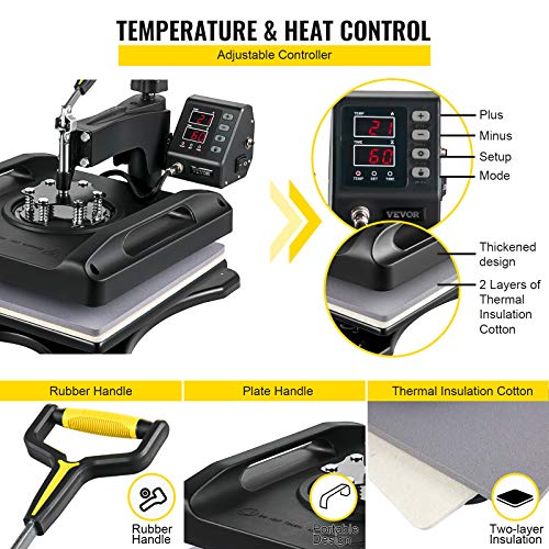 VEVOR Prensa de Calor 8 en 1 Placa 38 x 38 cm Máquina de Prensa de Calor Negra 1000 W Giratoria de 360 Grados Pantalla Digital Prensa de Transferencia para Camiseta Taza Sombrero Tapa