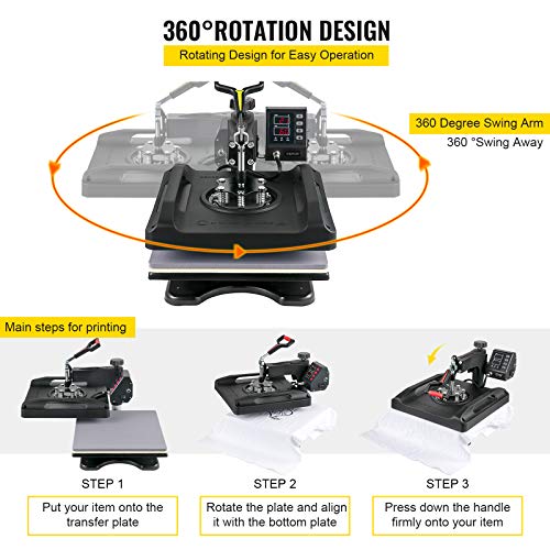 VEVOR Prensa de Calor 8 en 1 Placa 38 x 38 cm Máquina de Prensa de Calor Negra 1000 W Giratoria de 360 Grados Pantalla Digital Prensa de Transferencia para Camiseta Taza Sombrero Tapa