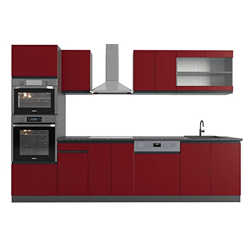 Vicco Mueble de Cocina R-Line, Rojo/Antracita, 300 cm En Forma de J, con Armario Alto, sin encimera