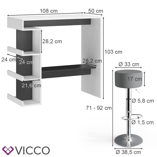 Vicco Set de Mesa de Bar Dana, Blanco/Antracita, 108 x 50 cm con 2 taburetes de Bar